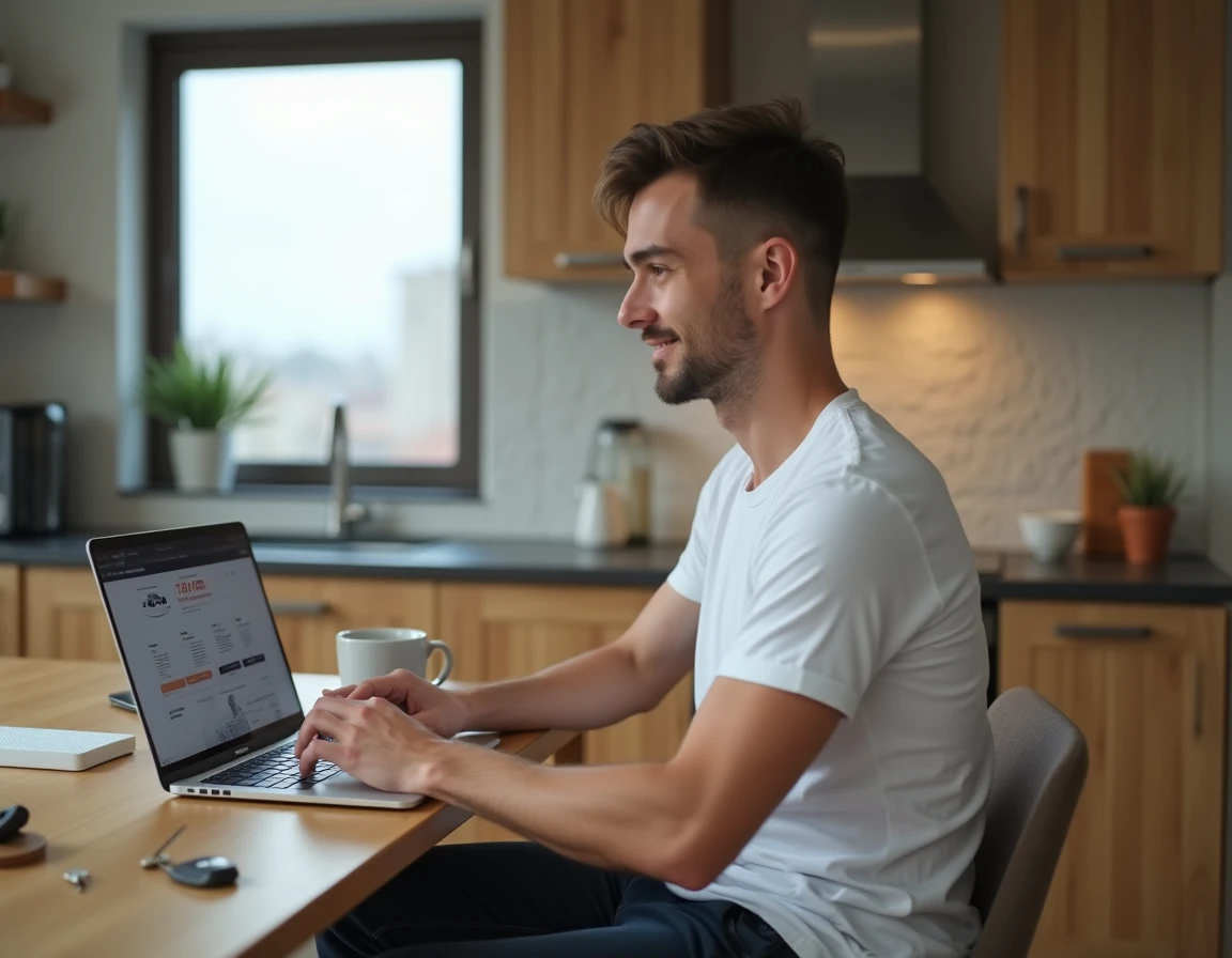 Jeune homme comparant des voitures sur un ordinateur portable depuis chez lui en quelques secondes