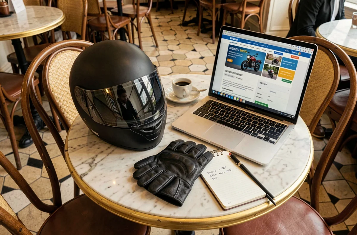 Casque et gants de moto posés sur une table de café parisien à côté d'un ordinateur affichant une comparaison d'assurances moto