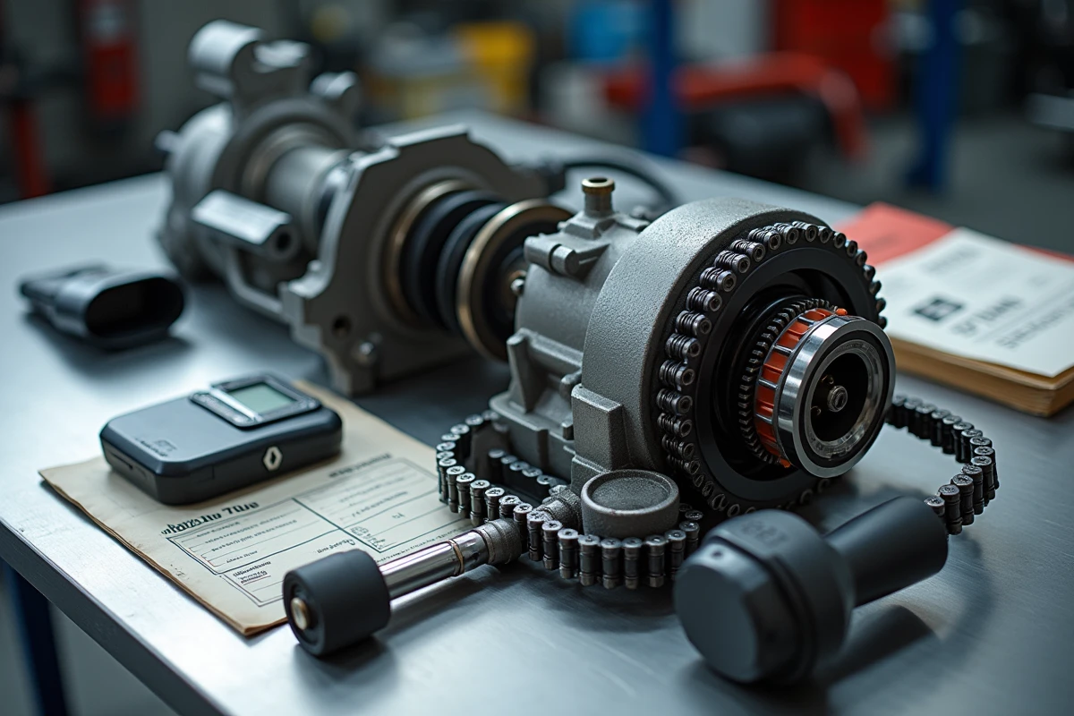Composants de distribution d'un moteur TCe Renault démontés sur un établi avec manuel technique