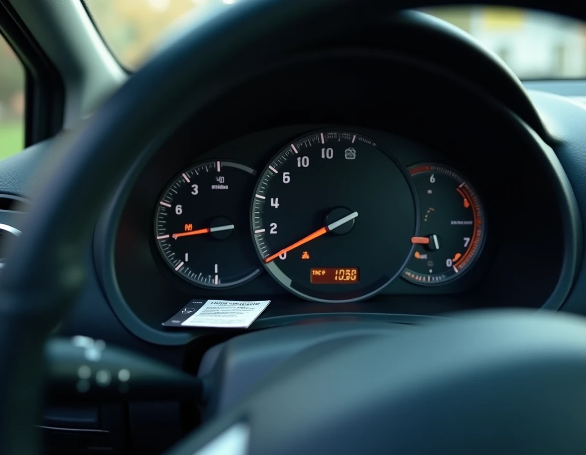 Gros plan sur le compteur kilométrique d'une voiture avec une carte d'assurance au kilomètre posée sur le tableau de bord
