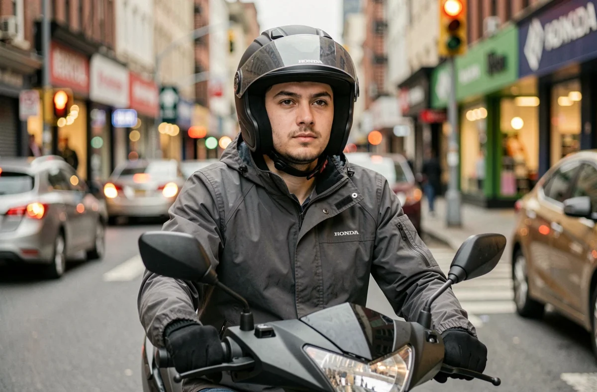 Jeune homme en équipement de moto assis sur un Honda Forza 125 à un feu rouge en ville