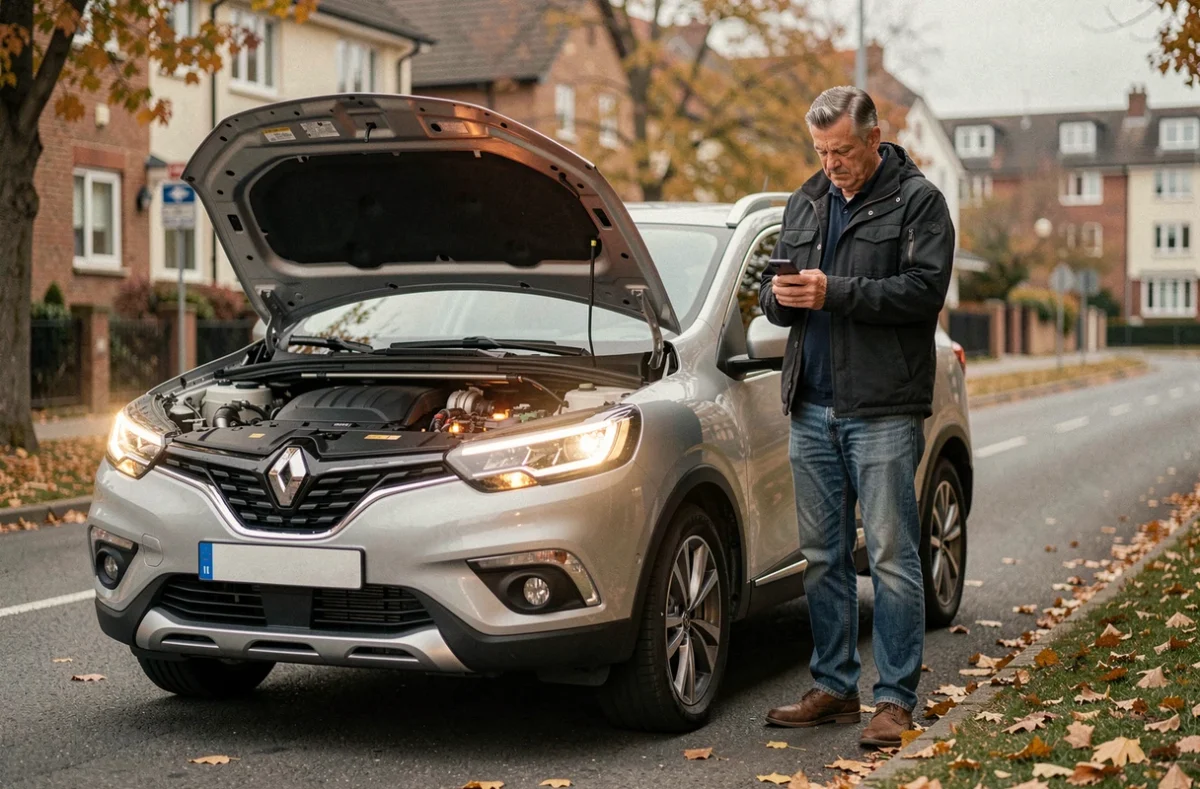 Conducteur en panne sur le bord de la route avec sa Renault Kadjar capot ouvert en automne