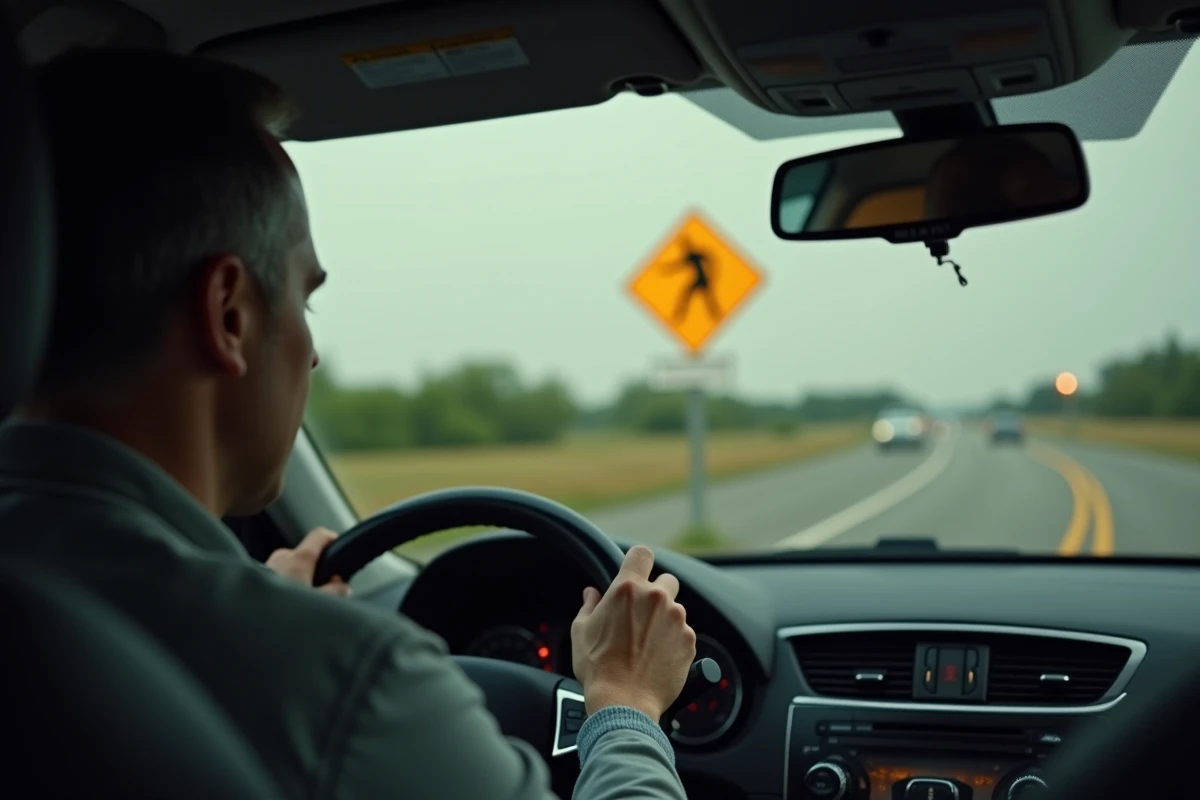 Conducteur observant un panneau losange jaune de priorité depuis l'intérieur de sa voiture