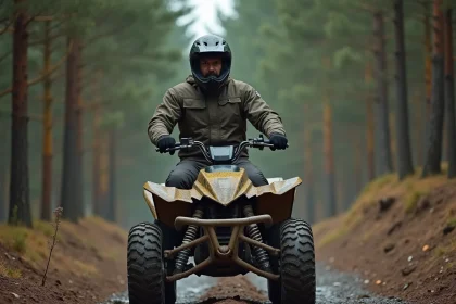 Homme en équipement de sécurité conduisant un quad homologué sur un sentier forestier en gravier