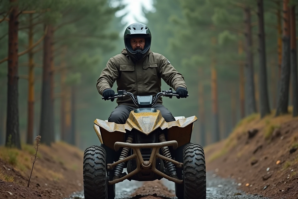 Homme en équipement de sécurité conduisant un quad homologué sur un sentier forestier en gravier