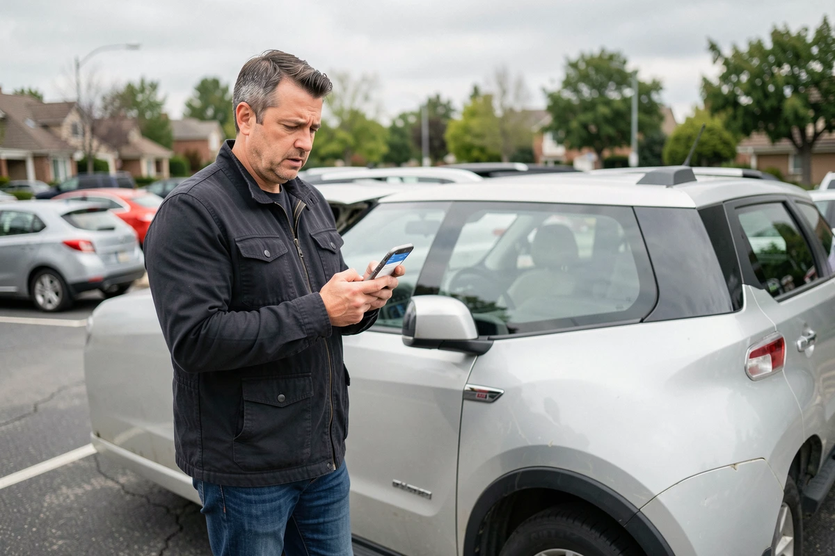 Conducteur debout près de son SUV consultant une application d'assurance auto sur smartphone après une reprogrammation du moteur