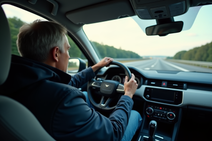Homme d'&acirc;ge moyen conduisant une voiture moderne sur l'autoroute fran&ccedil;aise