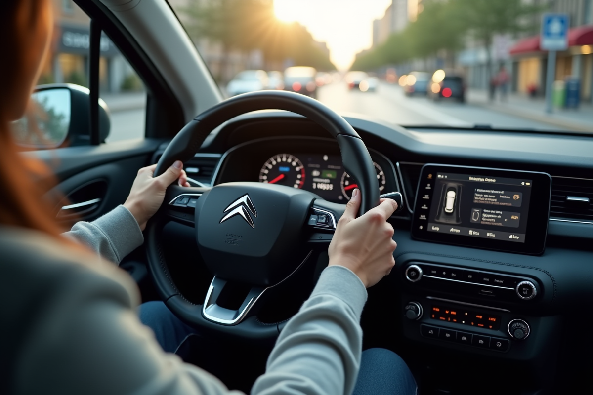 Mains du conducteur sur le volant Citroën avec alertes de sécurité