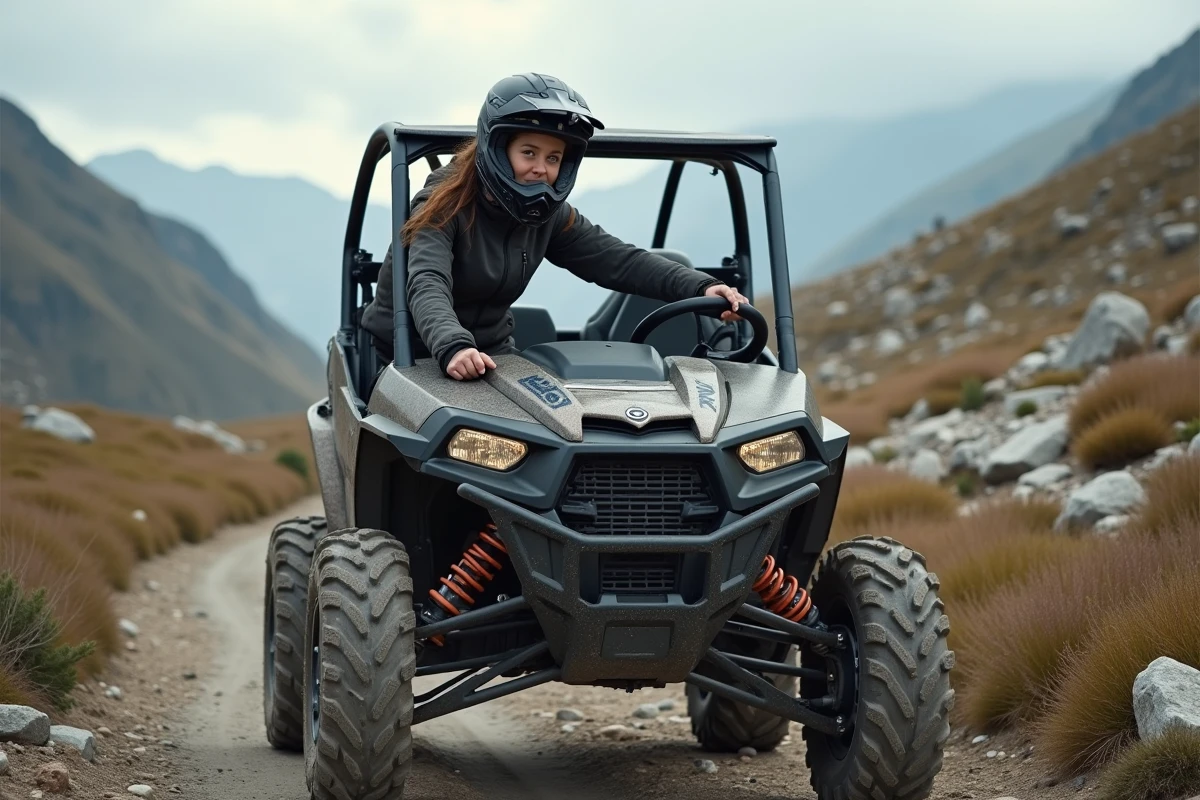 Femme au volant d'un SSV tout-terrain sur un chemin de montagne rocailleux