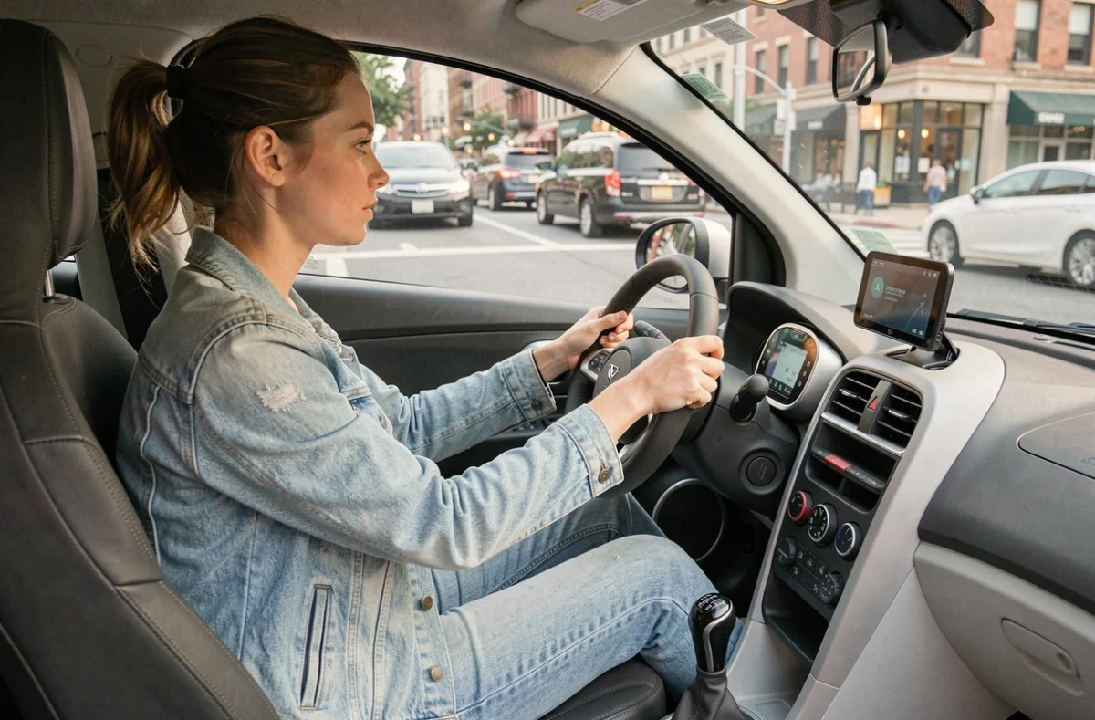 Jeune femme conduisant une voiture sans permis moderne, vue de l'intérieur avec tableau de bord numérique