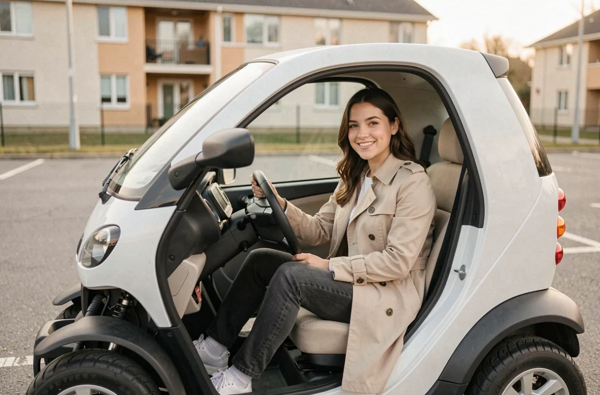 Jeune femme souriante assise dans une voiture sans permis moderne, portière ouverte, intérieur compact visible