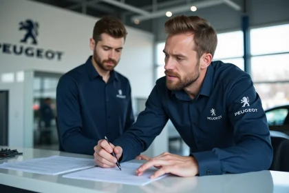 Conseiller SAV Peugeot expliquant une extension de garantie à un client au comptoir d'un concessionnaire officiel