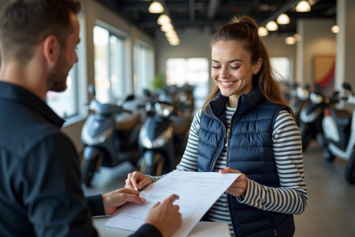 Femme consultant un technicien en concession pour vérifier la conformité de son scooter sans permis
