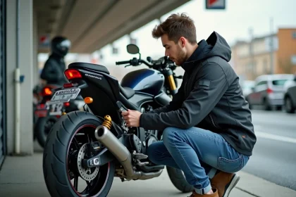 Jeune homme vérifiant la roue arrière d'une moto lors d'une inspection