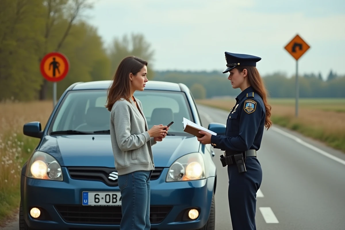 Contr&ocirc;le routier rural avec femme et policiere