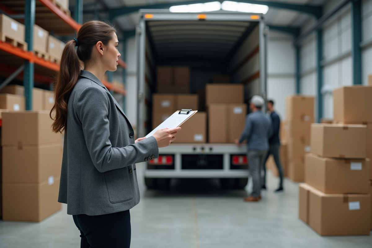 Jeune femme coordinatrice de logistique indiquant un camion dans un entrepôt