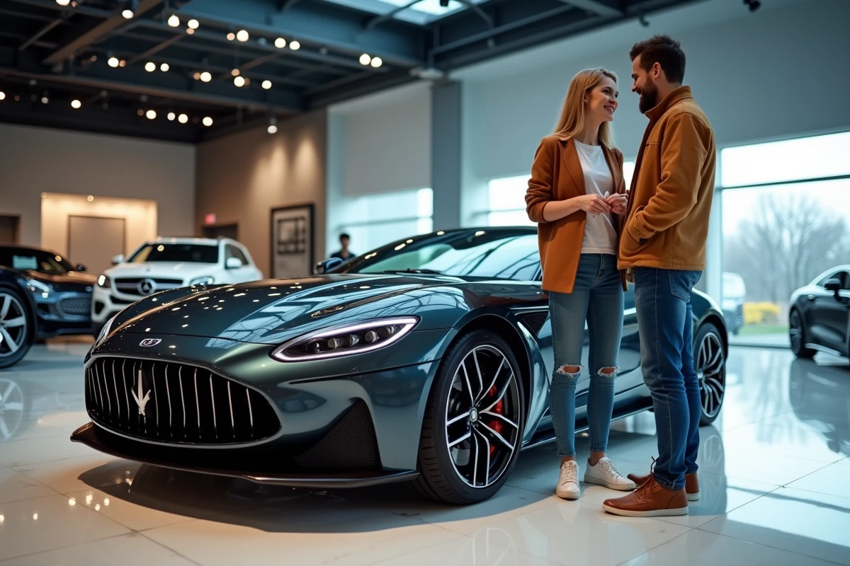 Couple de futurs acheteurs découvrant une voiture de luxe exposée lors du Salon de l'Automobile de Monaco