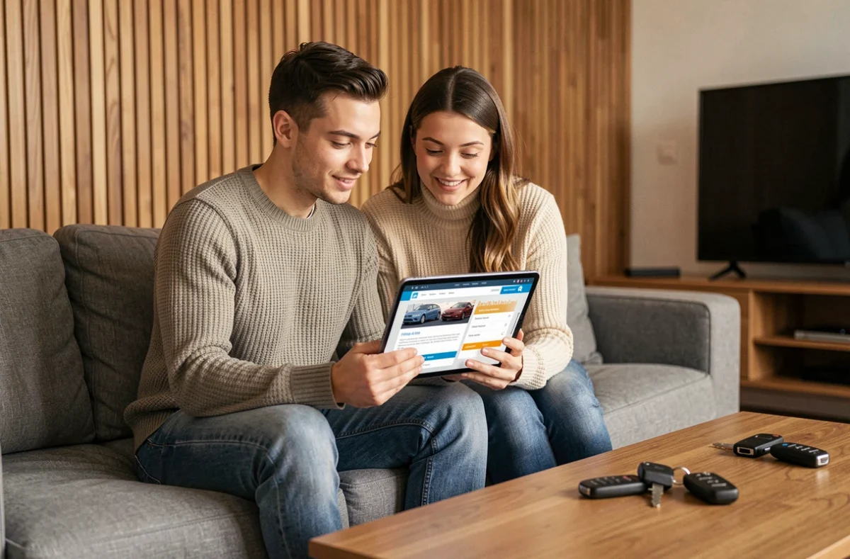 Couple consultant un comparateur d'assurance auto en ligne sur une tablette dans leur salon