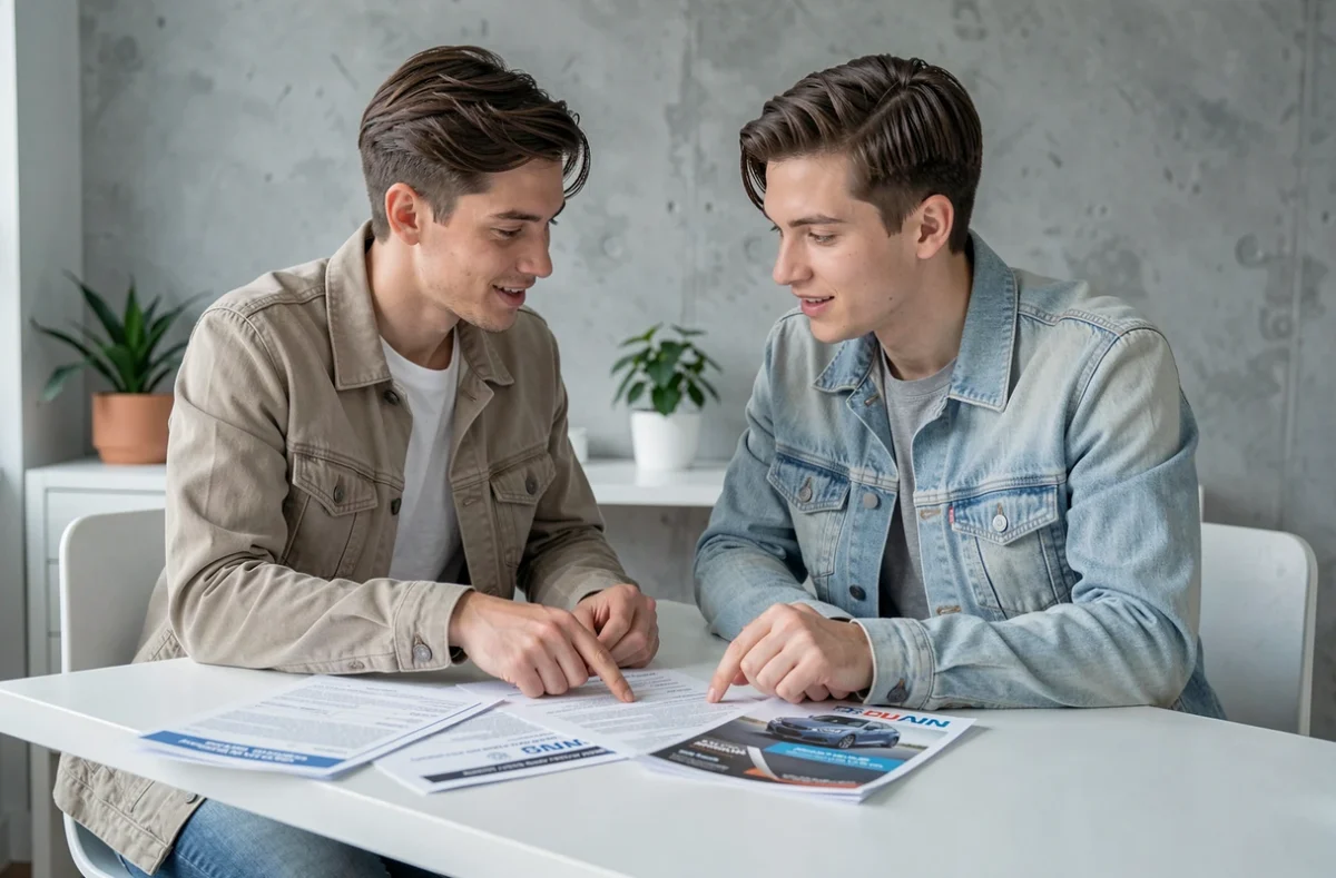 Couple comparant des devis d'assurance automobile sur des documents imprimés à leur bureau à domicile
