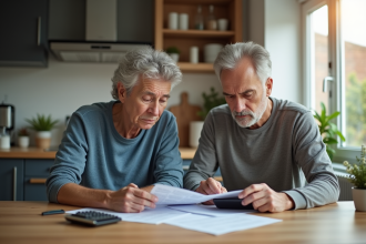 Couple inquiet examinant factures d'assurance à la maison