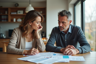 Couple d'adultes lisant des documents d'assurance à la maison