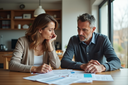 Couple d'adultes lisant des documents d'assurance &agrave; la maison