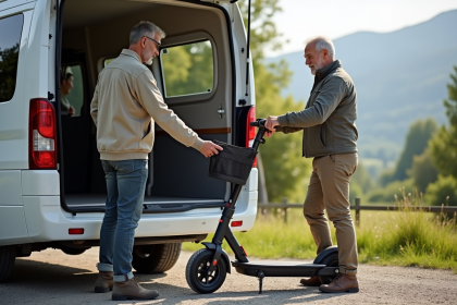 Couple d&eacute;chargeant un scooter pliant du camping-car en nature