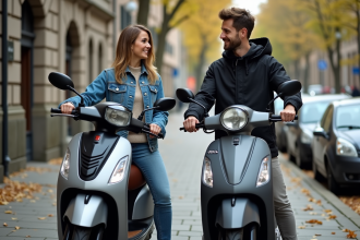 Deux adultes avec scooters sur une rue urbaine