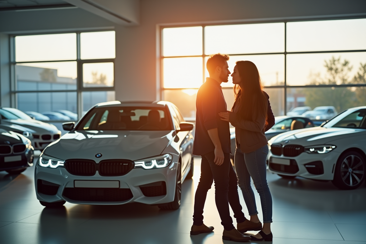 Jeune couple examine une BMW dans un showroom lumineux