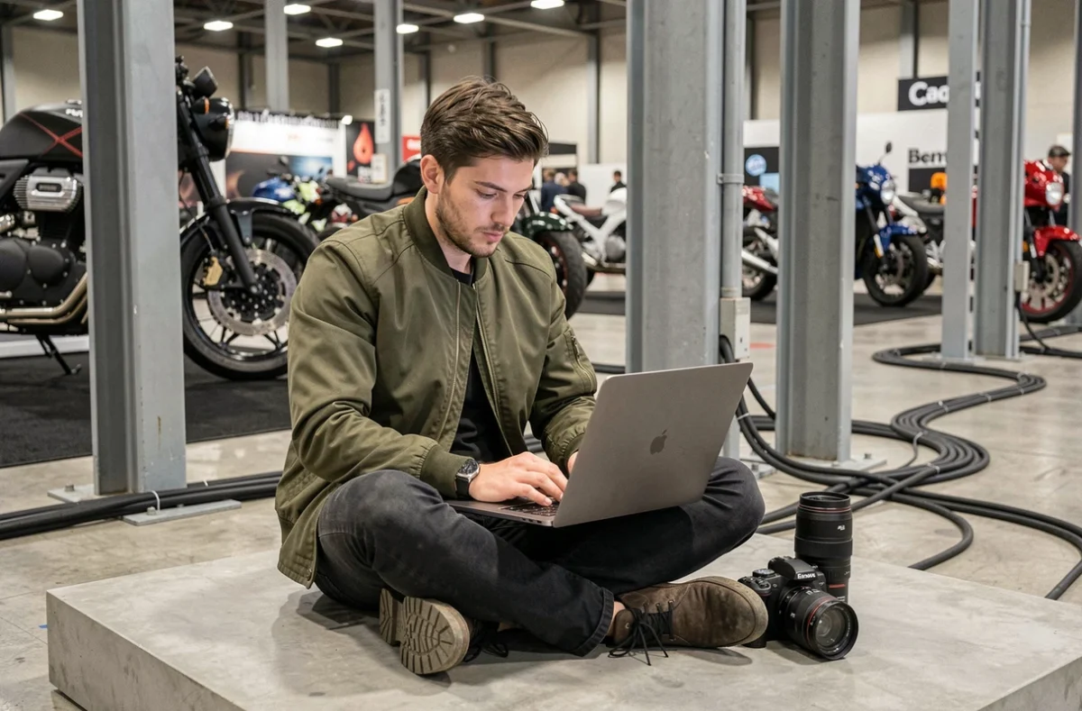 Créateur de contenu moto qui édite ses vidéos en coulisses du salon EICMA 2026