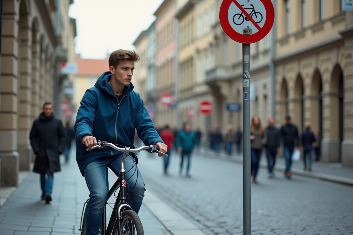 Jeune homme à vélo regardant un panneau interdit en ville