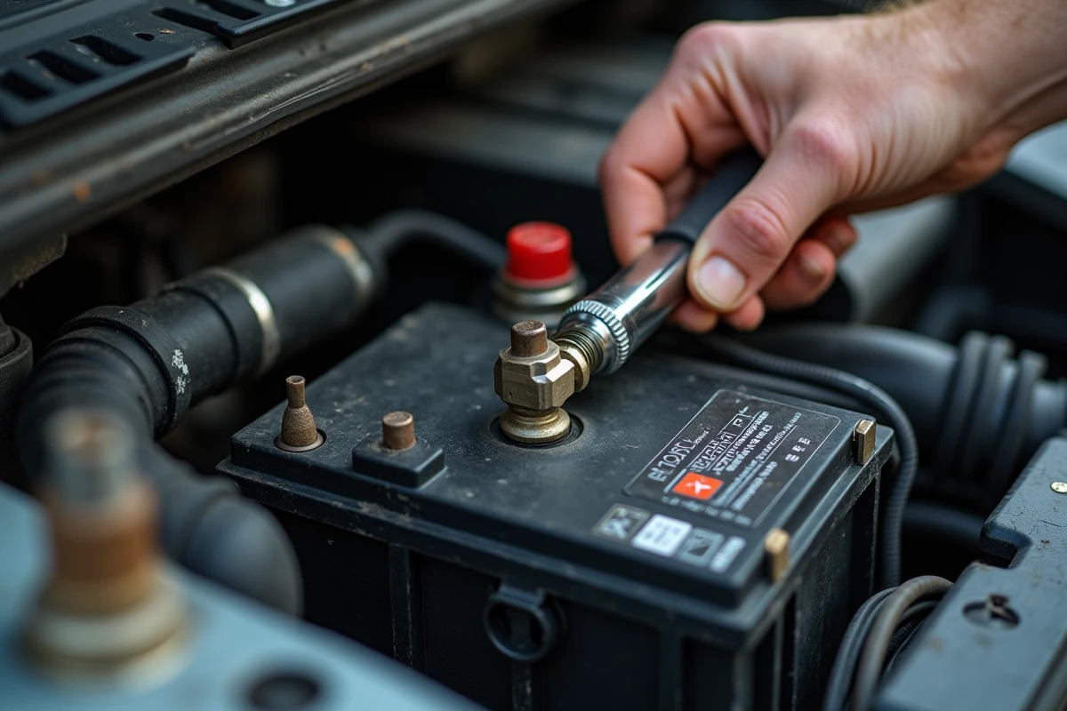 Mains de mécanicien déconnectant la batterie d'une voiture avec une façade d'autoradio visible en arrière-plan
