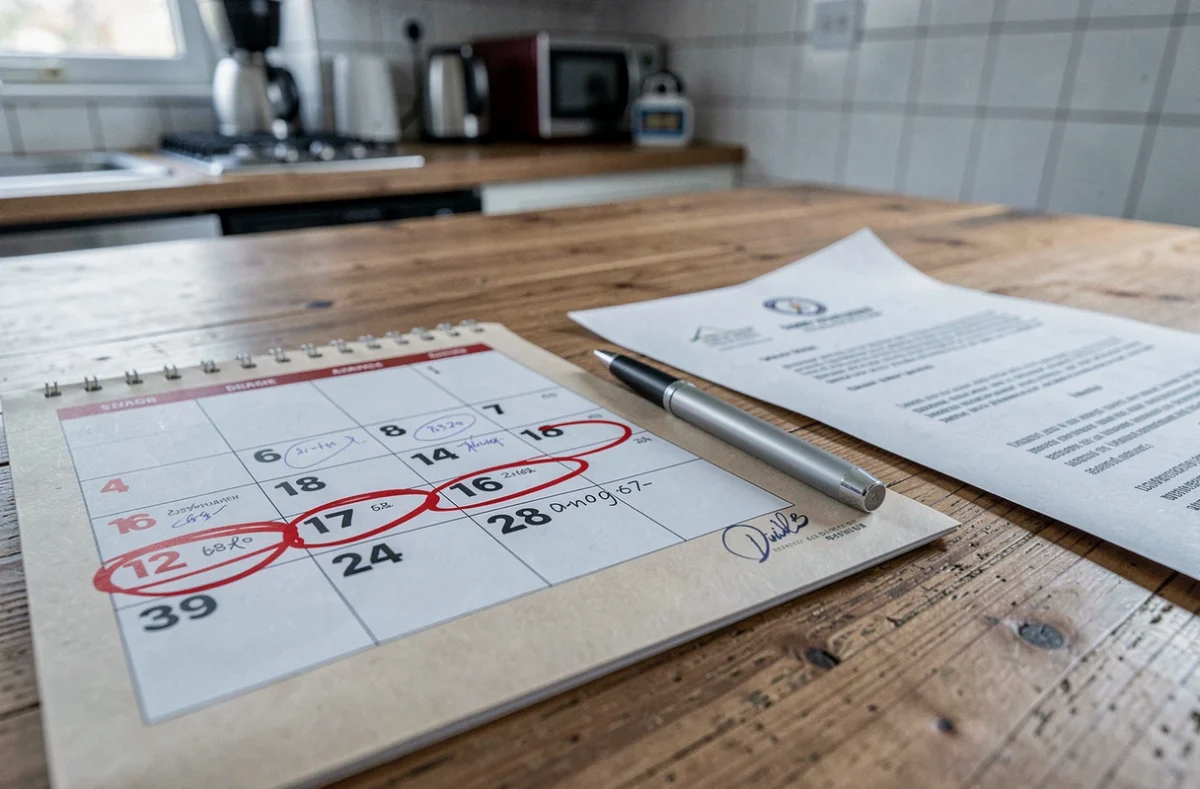 Calendrier et enveloppe de dossier de permis de conduire sur une table illustrant l'attente des résultats