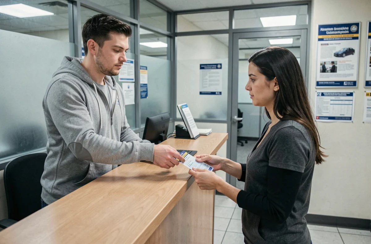 Homme déposant son dossier de permis de conduire au guichet d'une préfecture