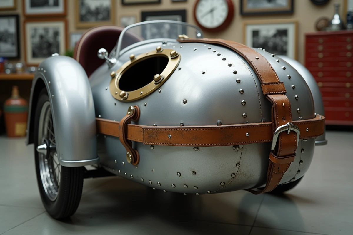 Détail de carrosserie en aluminium riveté d'un sidecar moto de collection avec hublot en laiton patiné et porte-bagages en cuir d'époque