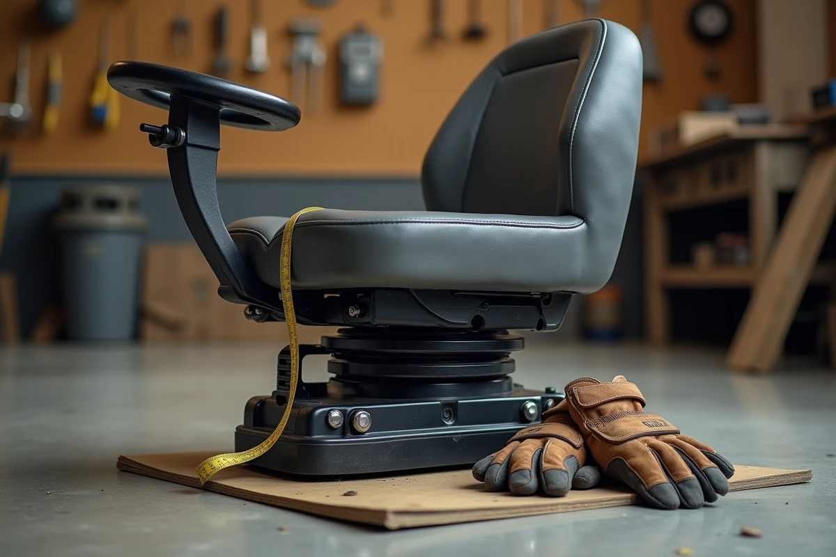 Détail du mécanisme de réglage et de suspension d'un siège de tracteur avec mesure de largeur d'assise