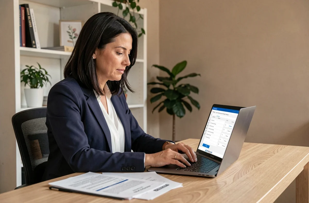 Femme demandant un devis assurance auto en ligne depuis son bureau à domicile