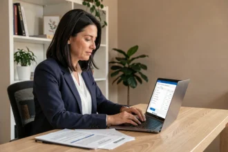 Femme demandant un devis assurance auto en ligne depuis son bureau à domicile