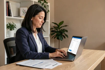 Femme demandant un devis assurance auto en ligne depuis son bureau à domicile