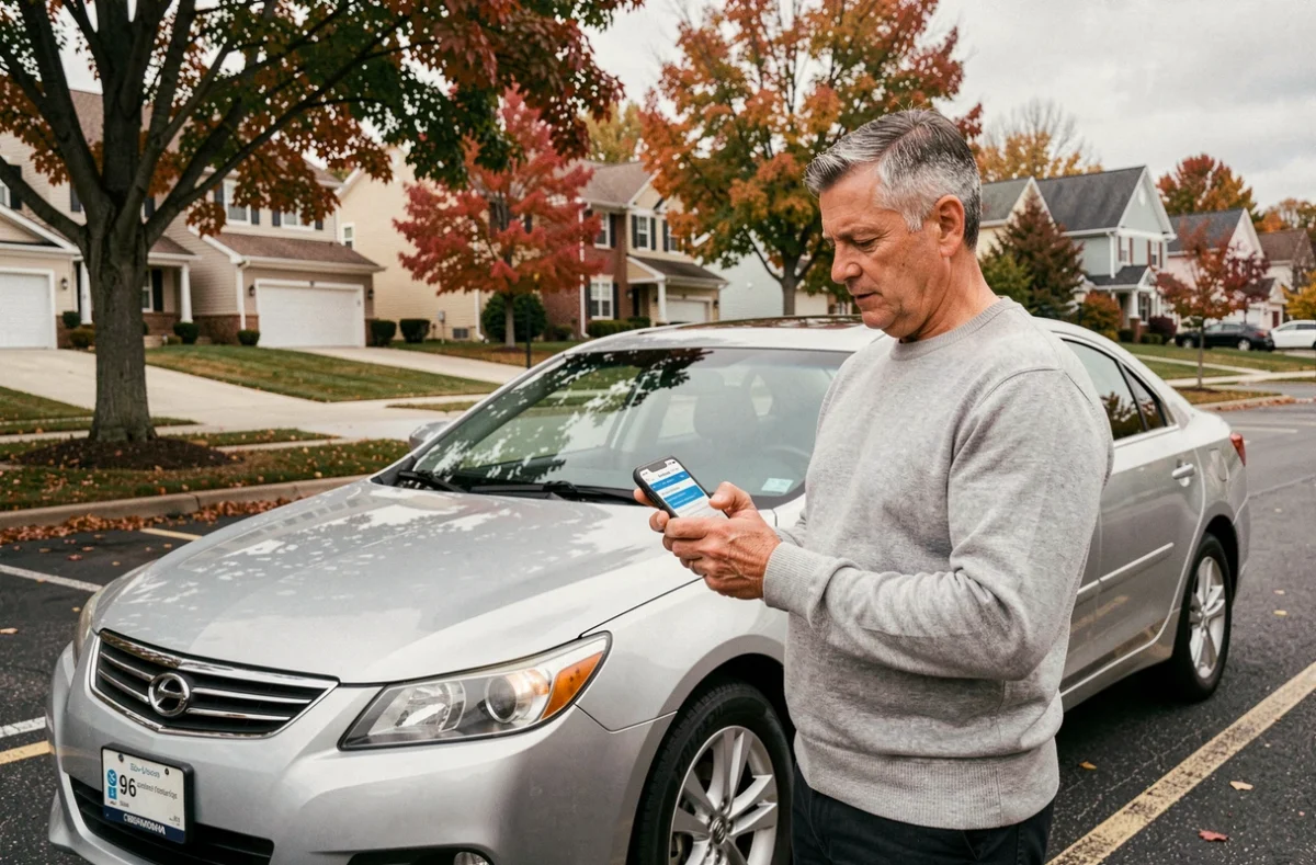 Homme consultant un devis assurance auto sur smartphone à côté de sa voiture