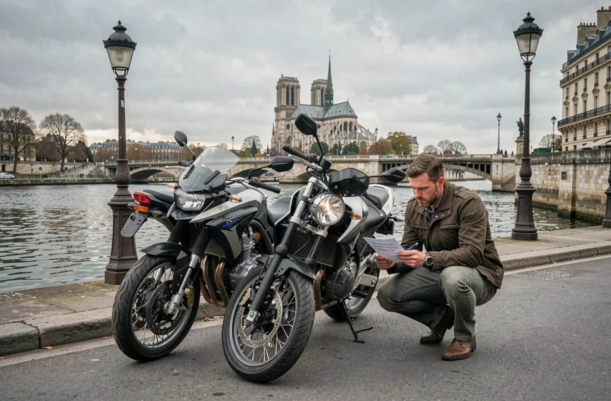 Motard en train d'étudier un devis d'assurance moto sur les quais de Seine à Paris avec Notre-Dame en arrière-plan