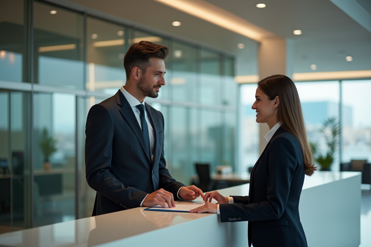 Professionnel discutant assurance avec agent dans un bureau moderne