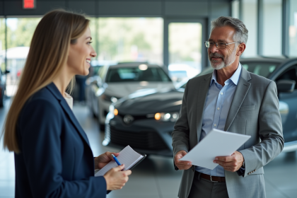 Homme d'âge moyen discutant avec une vendeuse devant une voiture hybride