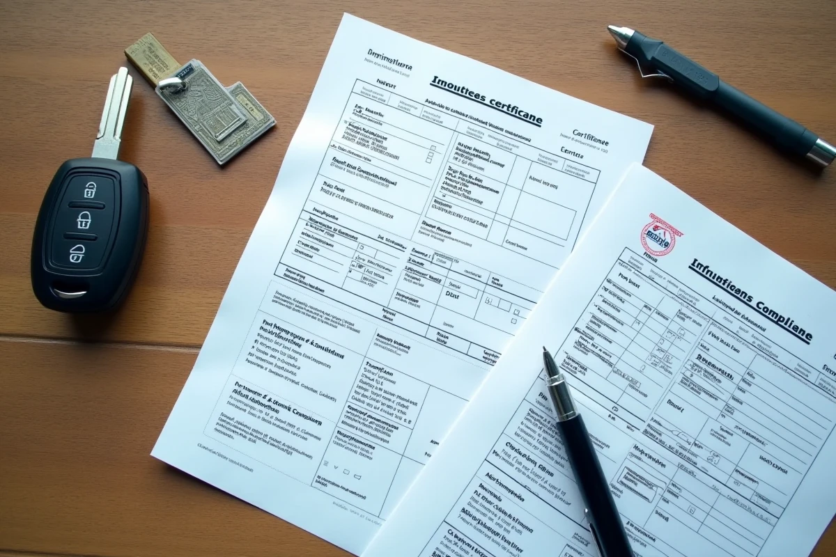 Documents officiels requis pour le passage aux mines d'un v&eacute;hicule import&eacute; pos&eacute;s sur un bureau, incluant la carte grise et le certificat de conformit&eacute;