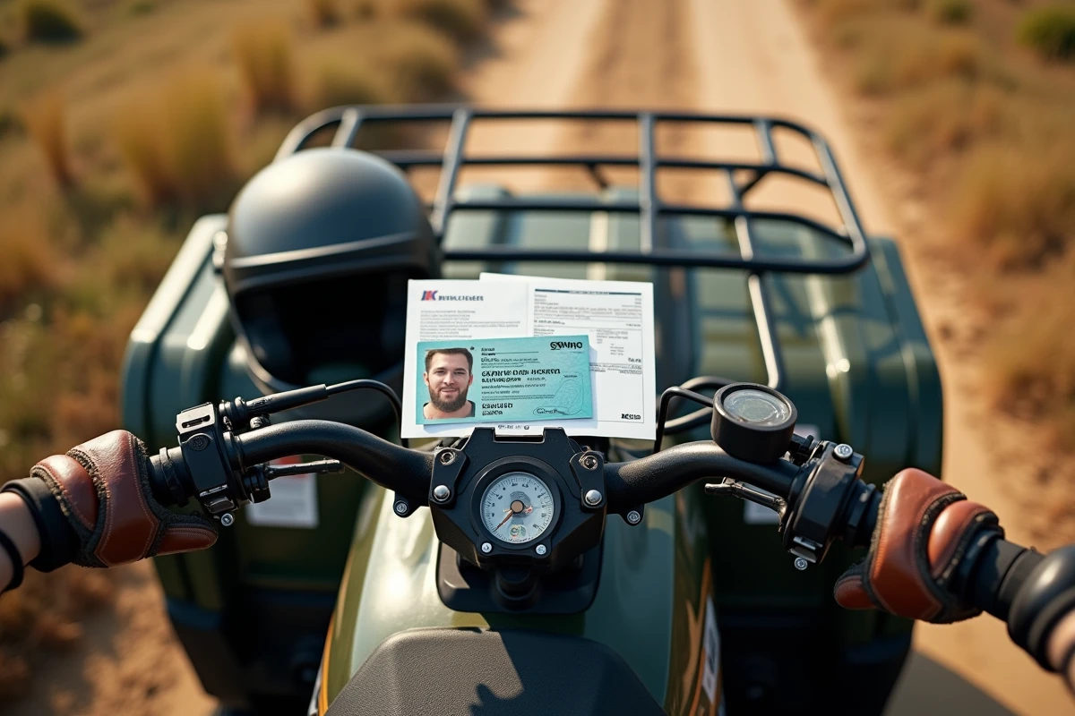 Permis de conduire et documents posés sur le porte-bagages d'un quad avec casque, symbolisant la réglementation des véhicules tout-terrain