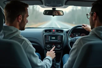 Homme entrant le code autoradio sur l'écran d'un autoradio de série dans l'habitacle d'une voiture