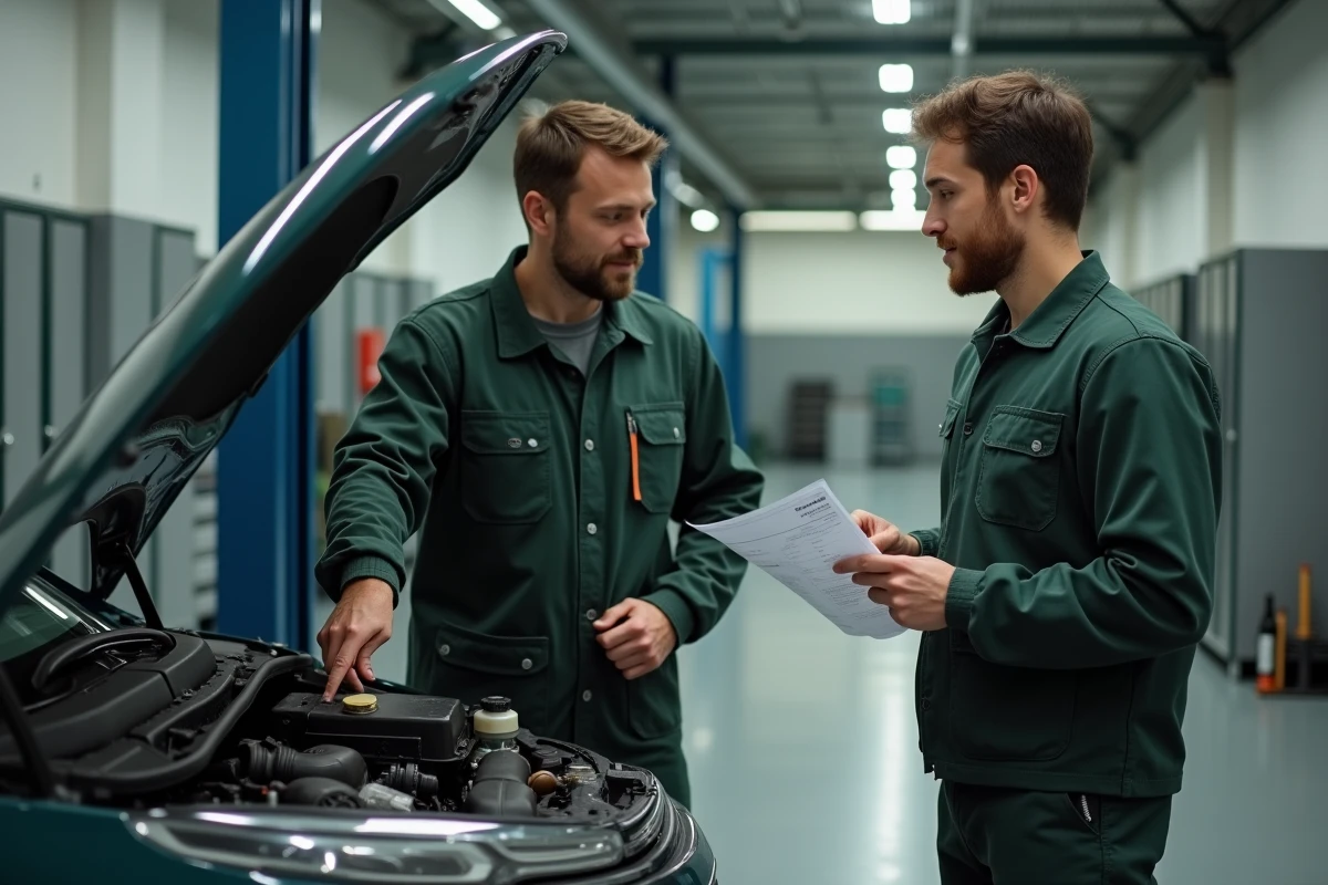 Mécanicien expliquant les coûts d'entretien d'une Citroën à son client dans un garage indépendant français