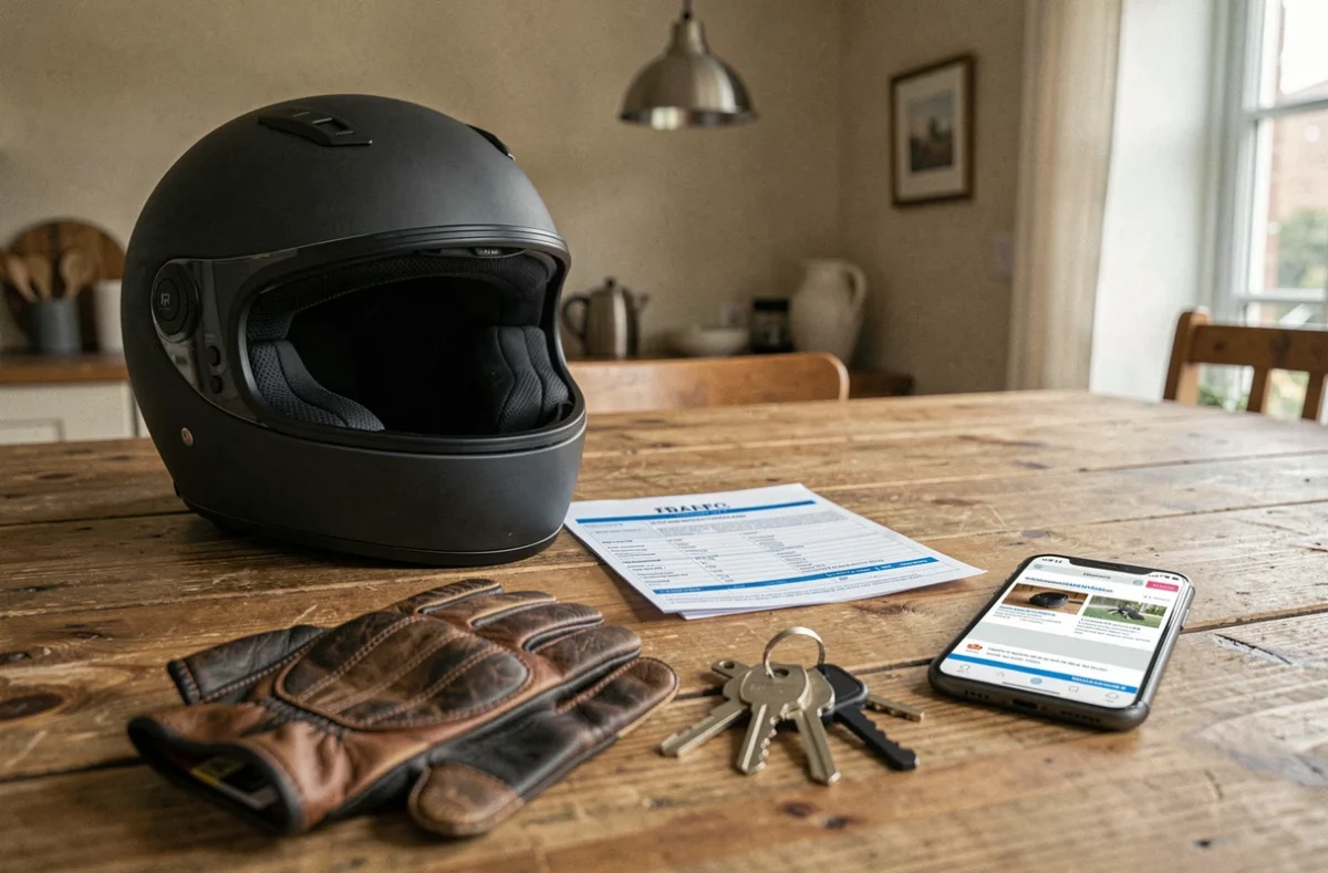 Casque de moto, gants et contrat d'assurance posés sur une table en bois avec un smartphone affichant un comparateur