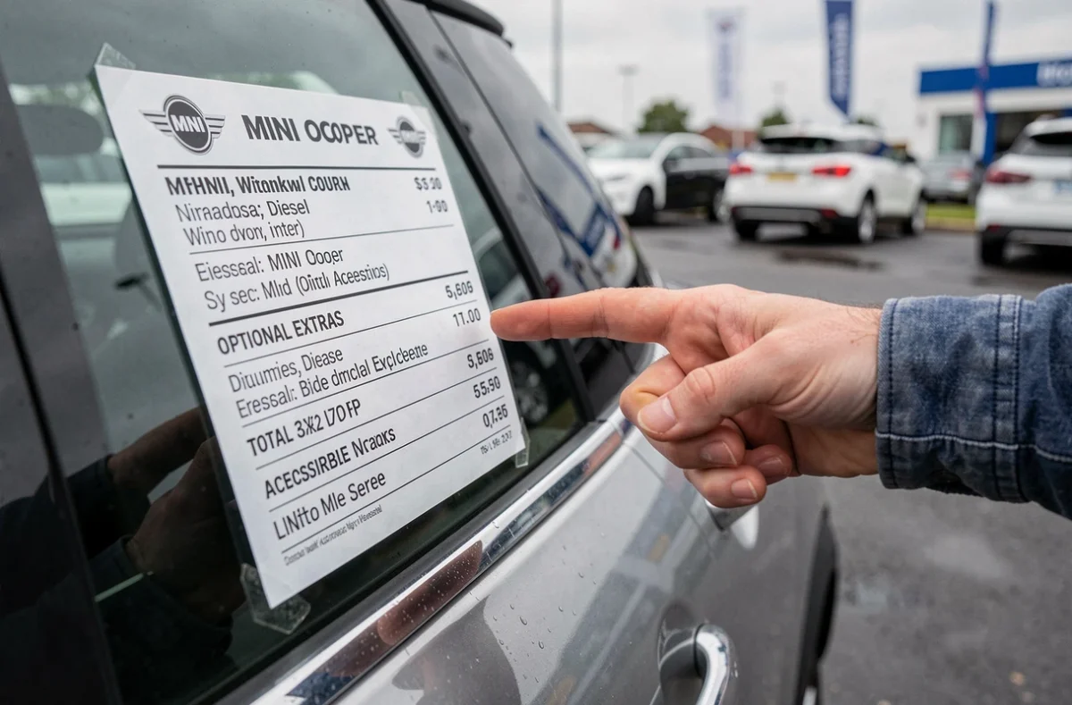 Étiquette de prix détaillée d'une MINI Cooper diesel neuve avec options et frais supplémentaires sur la vitre de la voiture