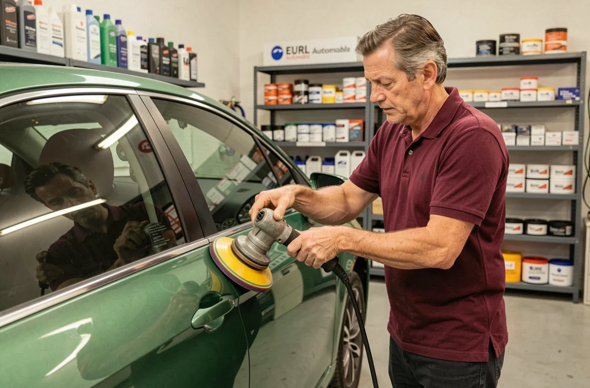 Expert de l'EURL Carré Automobile polissant la carrosserie d'un véhicule après une peinture fraîche